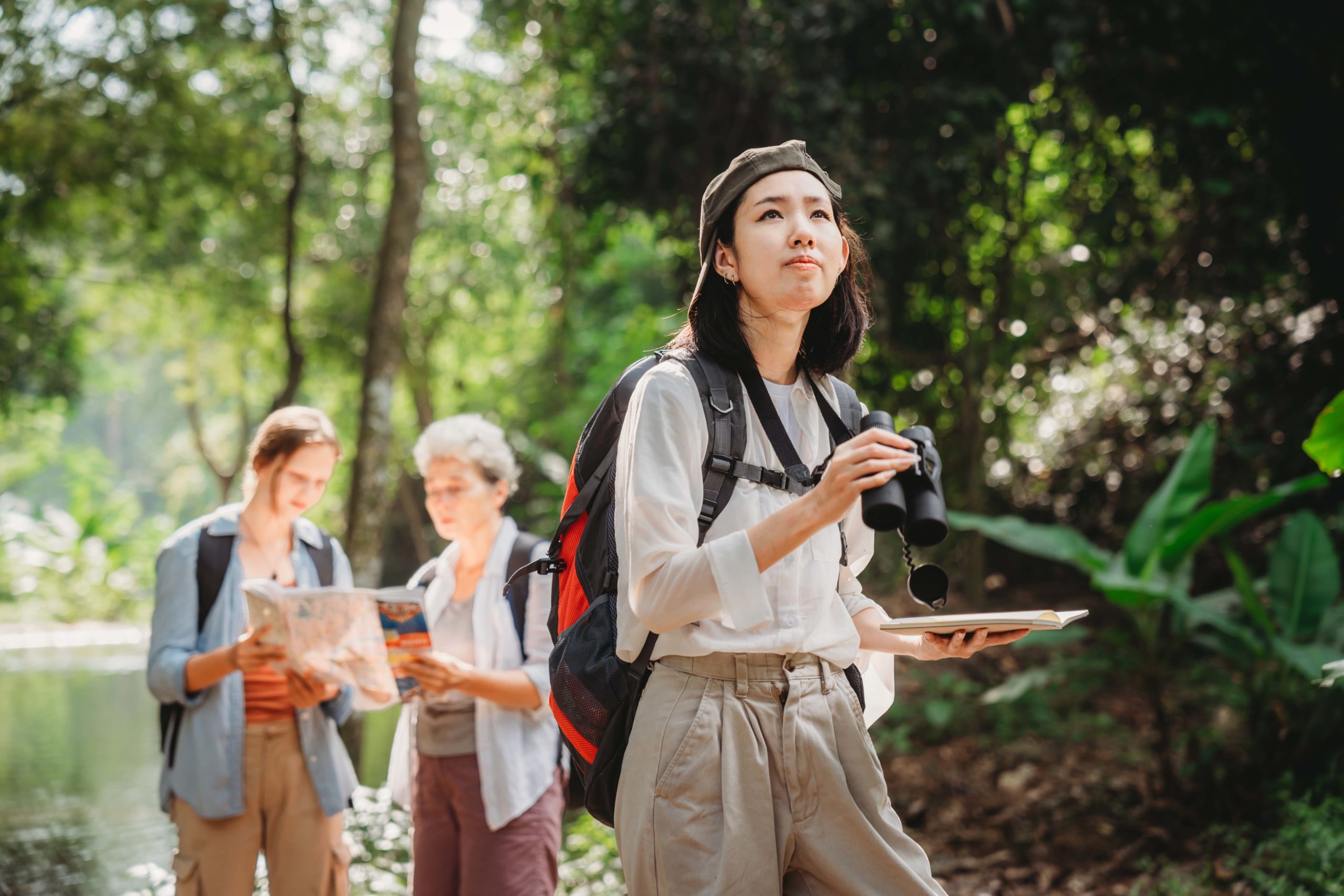 woman family or friends group trekking travel in adventure lifestyle, nature hiking in vacation